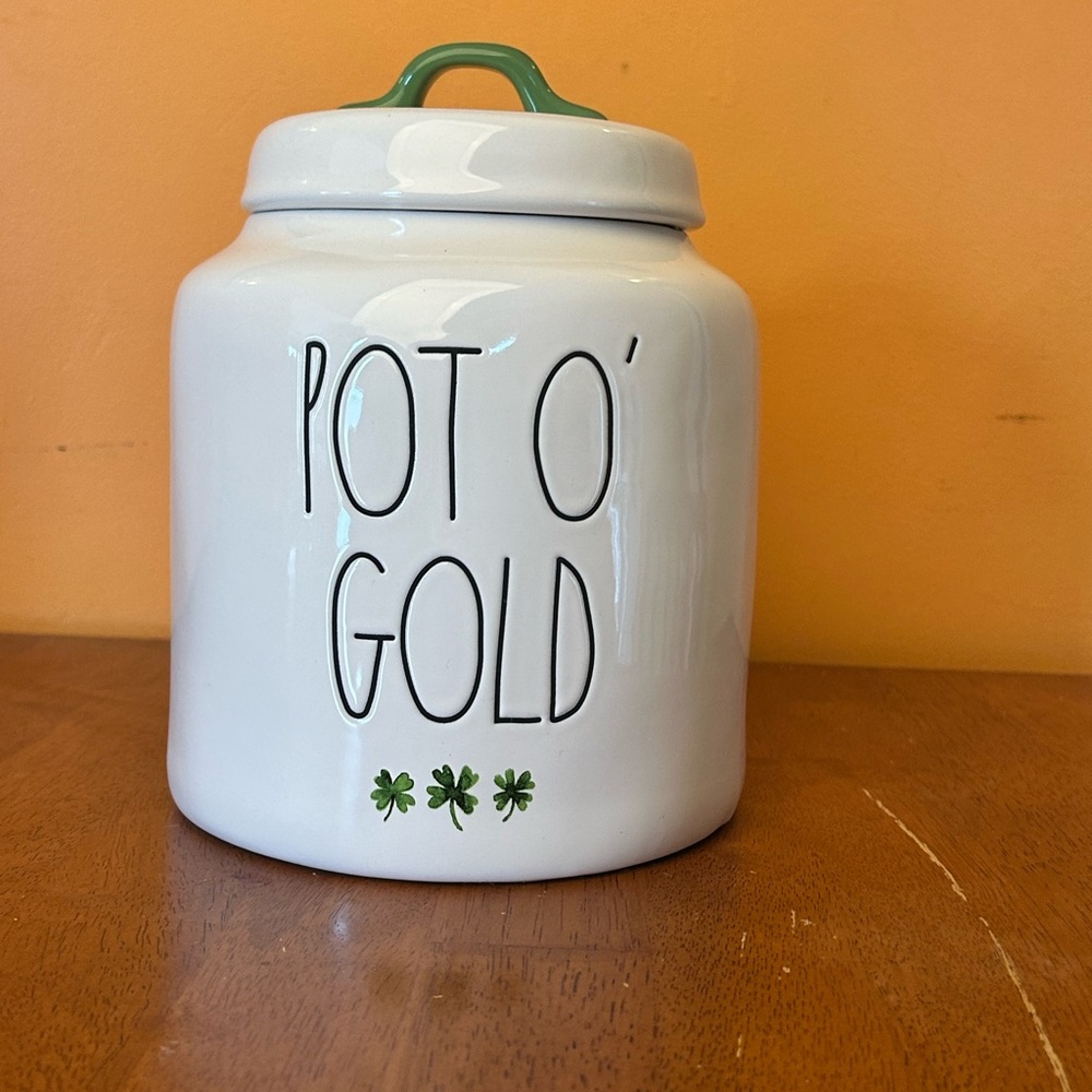Rae Dunn Pot O' Gold Ceramic Canister with Green Handle
